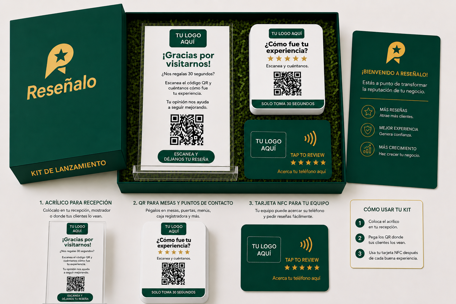 Kit de Lanzamiento de Reseñalo: acrílico de recepción, tarjetas QR y tarjeta NFC personalizadas
